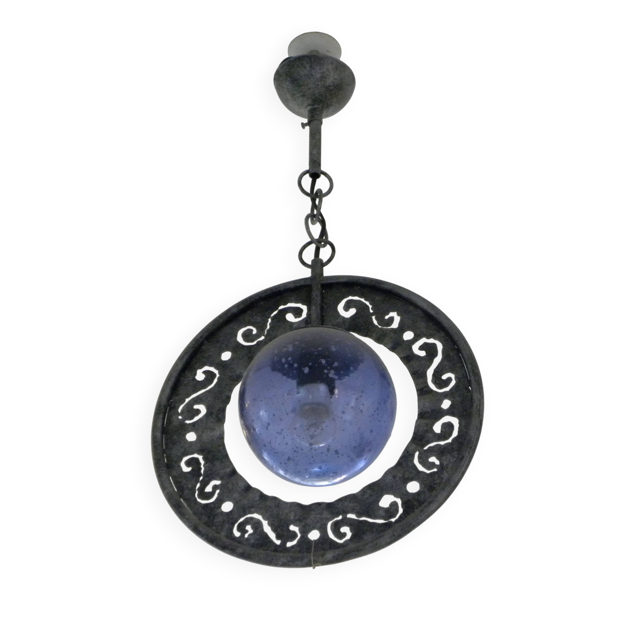 Patinated metal chandelier with cobalt blue blown glass in a rustic style.