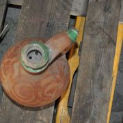 Antique red and green terracotta carafe, rustic Hungarian jug from the 1920s.