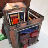 Copper lantern table lamp and 60s multicolored glasses