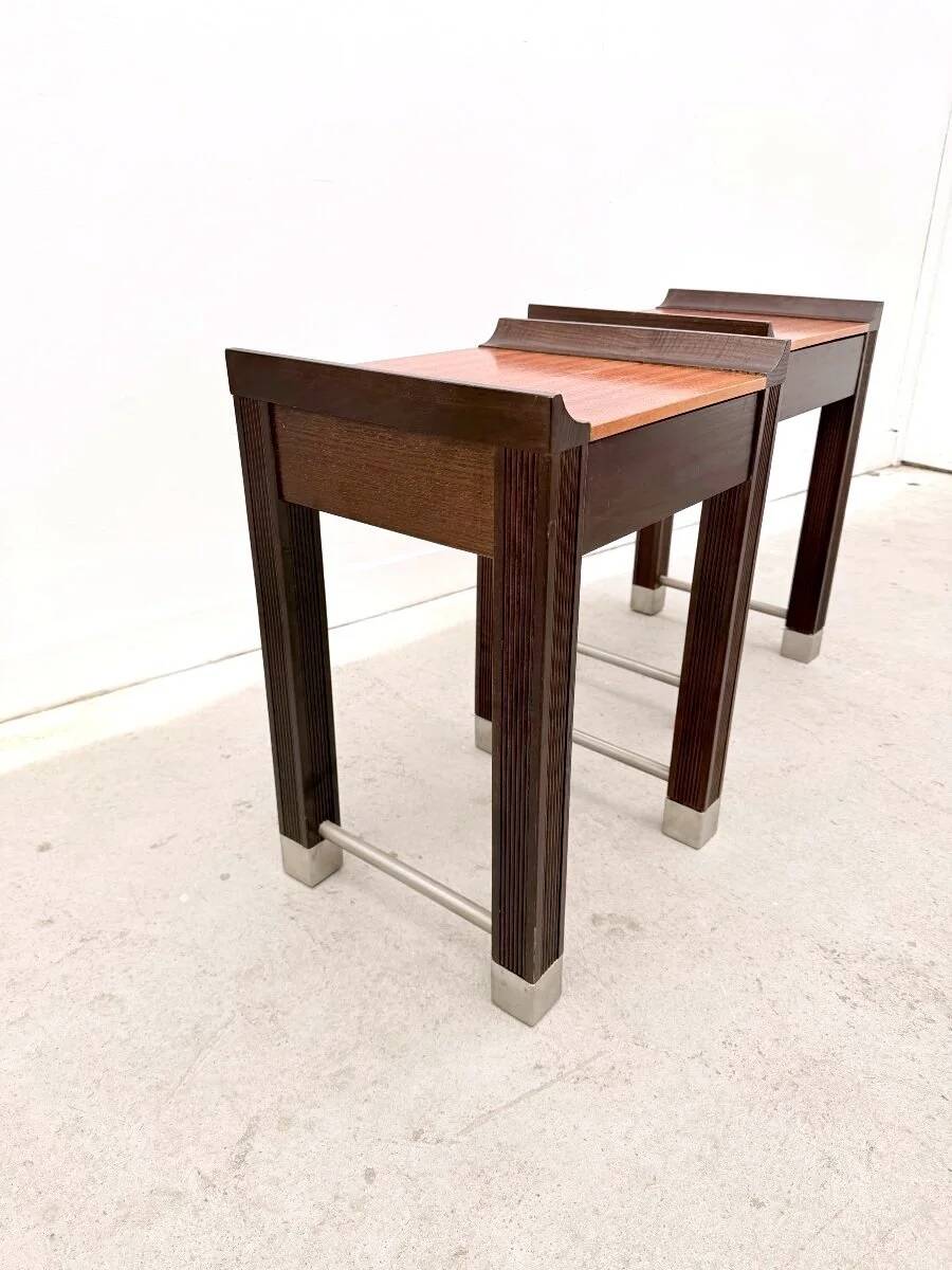 Pair of bedside tables in mahogany and stained oak, France 1980.