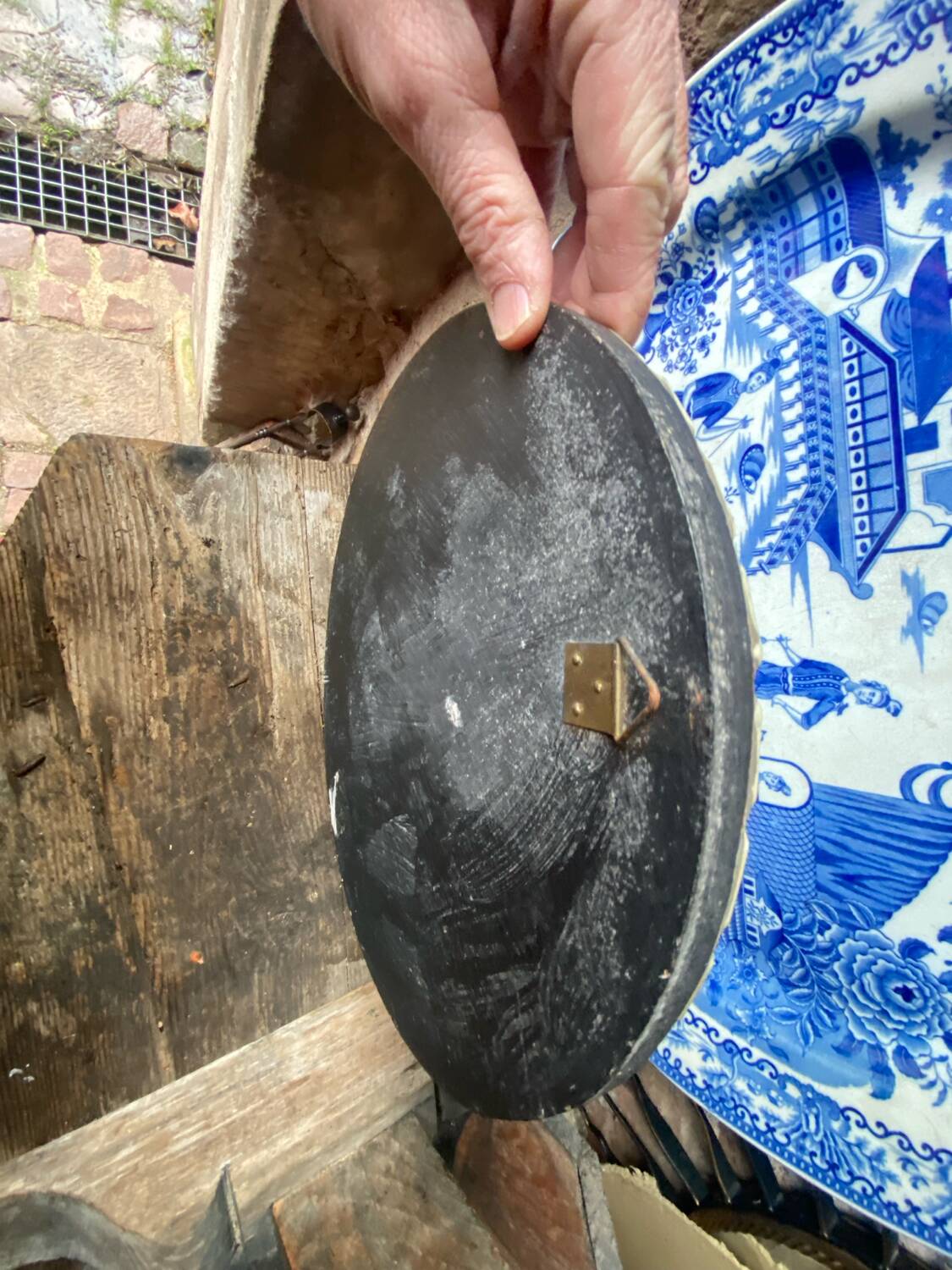 Round ceramic mirror with blue mosaic decor circa 1960