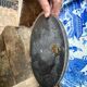 Round ceramic mirror with blue mosaic decor circa 1960