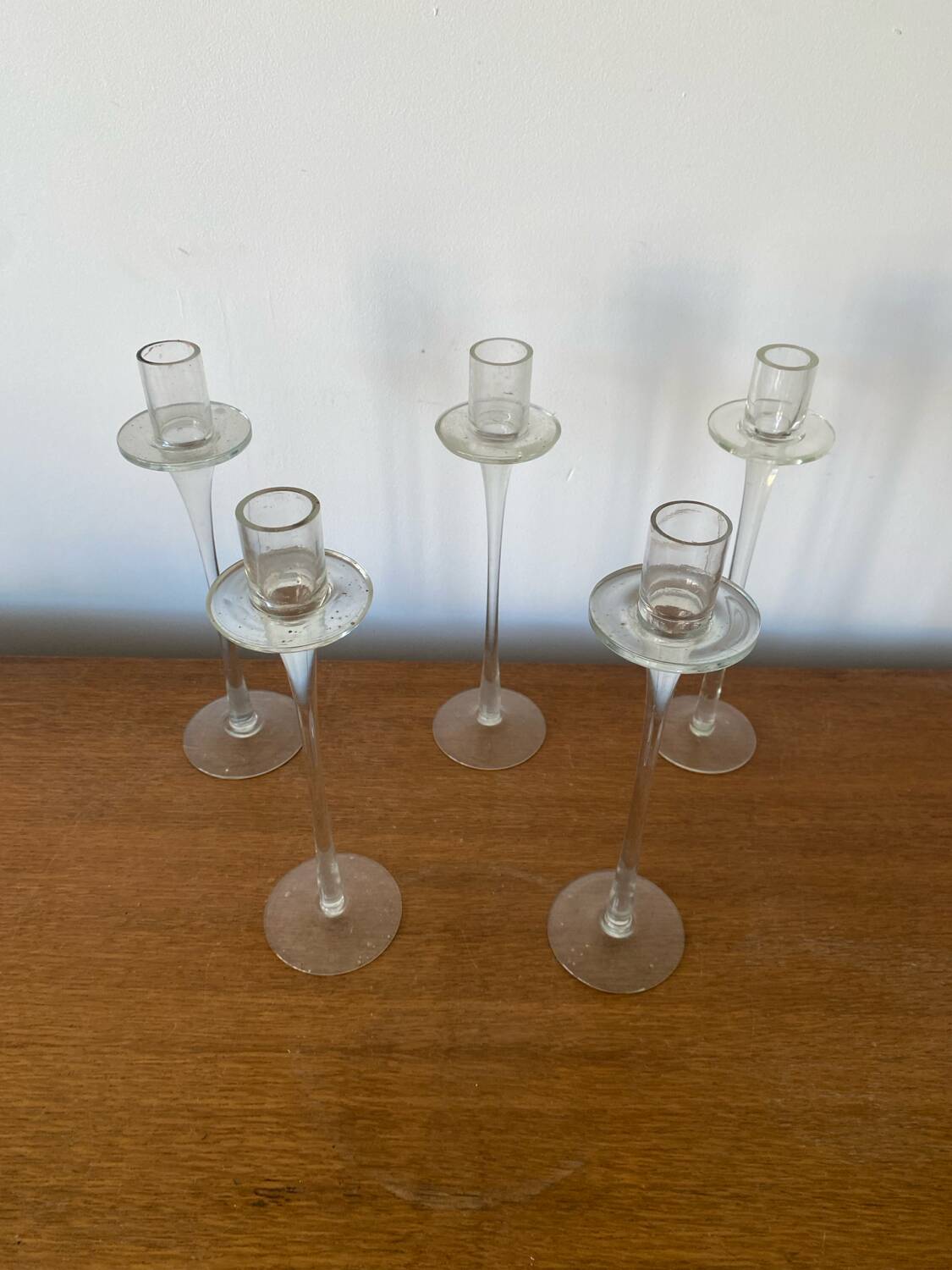 Set of 5 tulip candle holders in clear molded glass vintage decoration