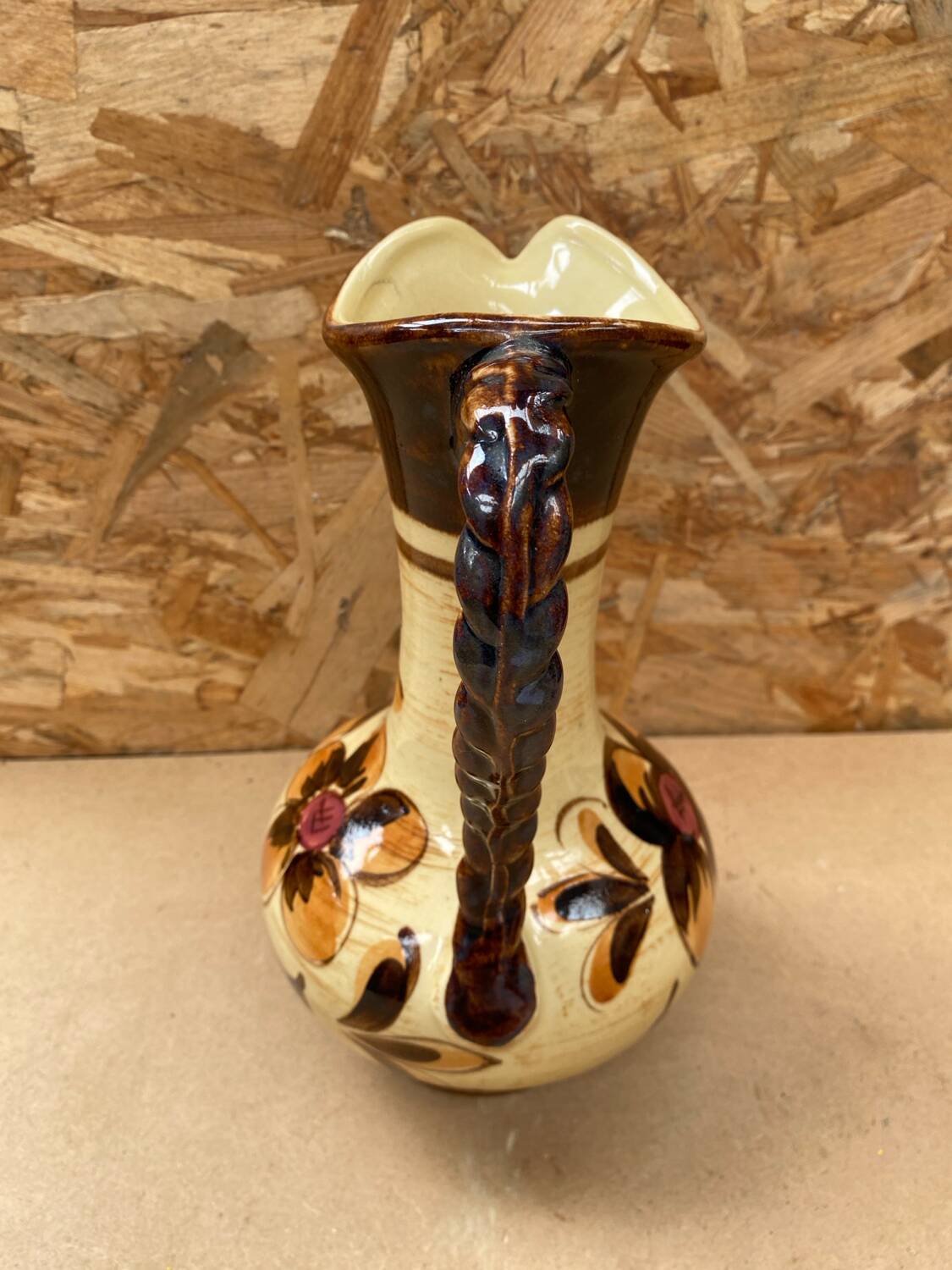 Antique JASBA Ceramic Pitcher Brown Beige Flower Decor Germany Vintage #B243