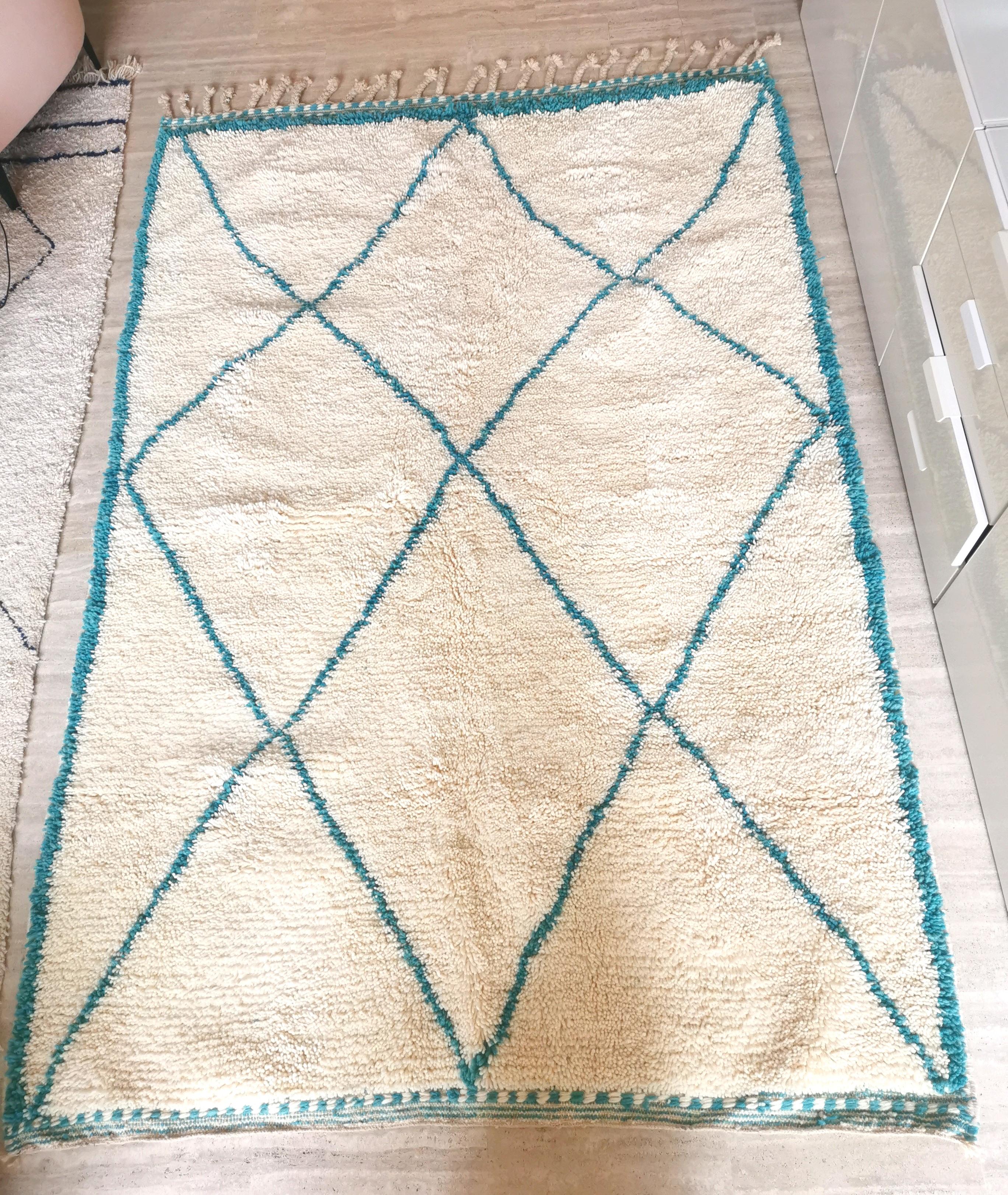 Berber carpet blessed ouarain true turquoise blue with diamonds in wool