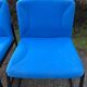 Electric blue fabric designer armchairs with black lacquered metal legs from the 80s.