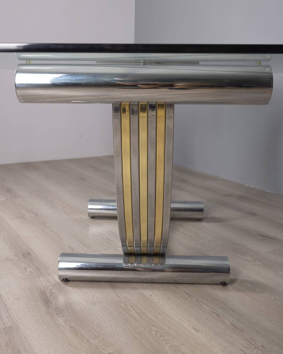 VINTAGE METAL, BRASS, AND GLASS TABLE BY RENATO ZEVI, 1970S