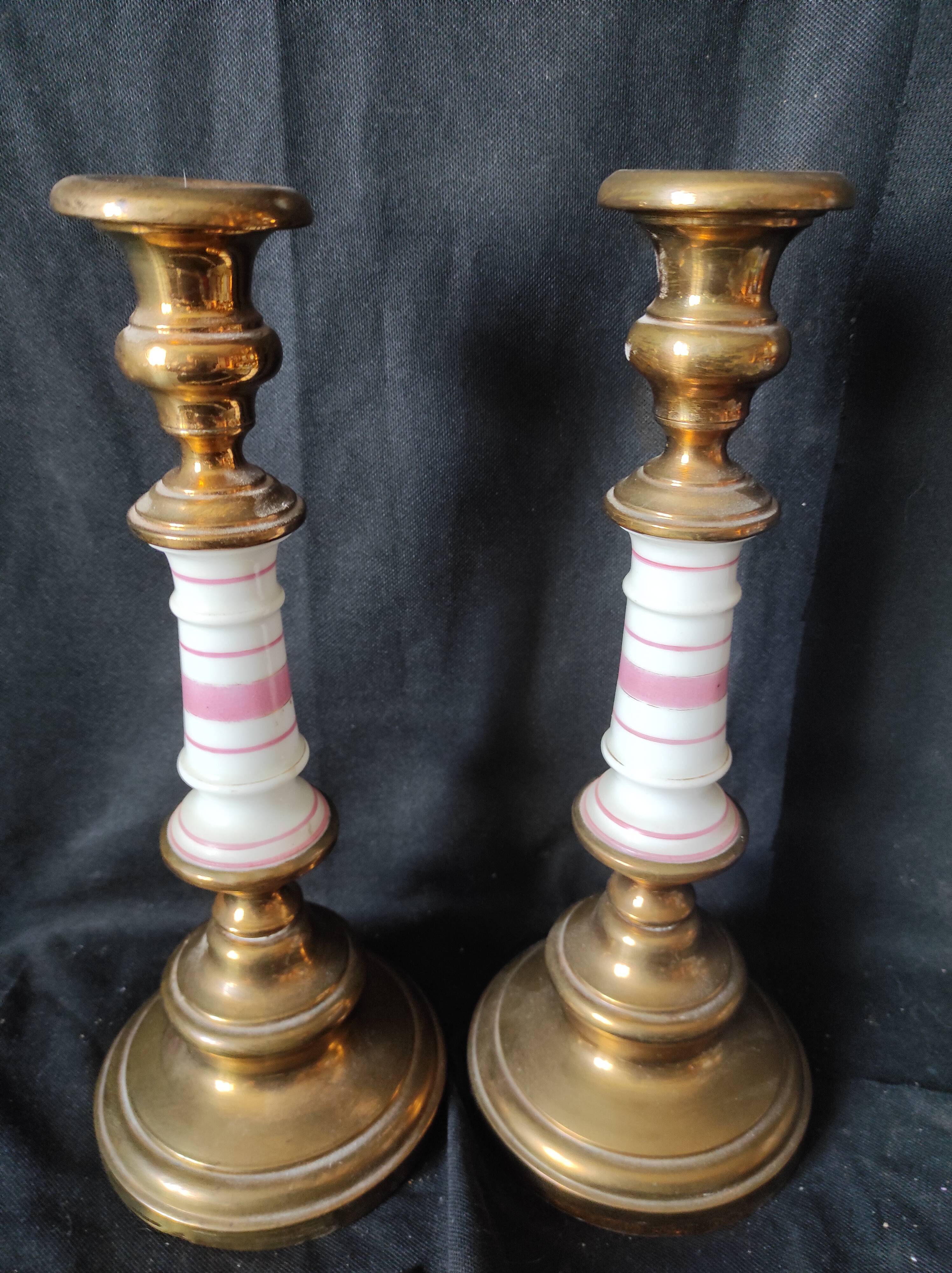 xix eme / pair brass porcelain candle holders