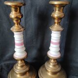 xix eme / pair brass porcelain candle holders
