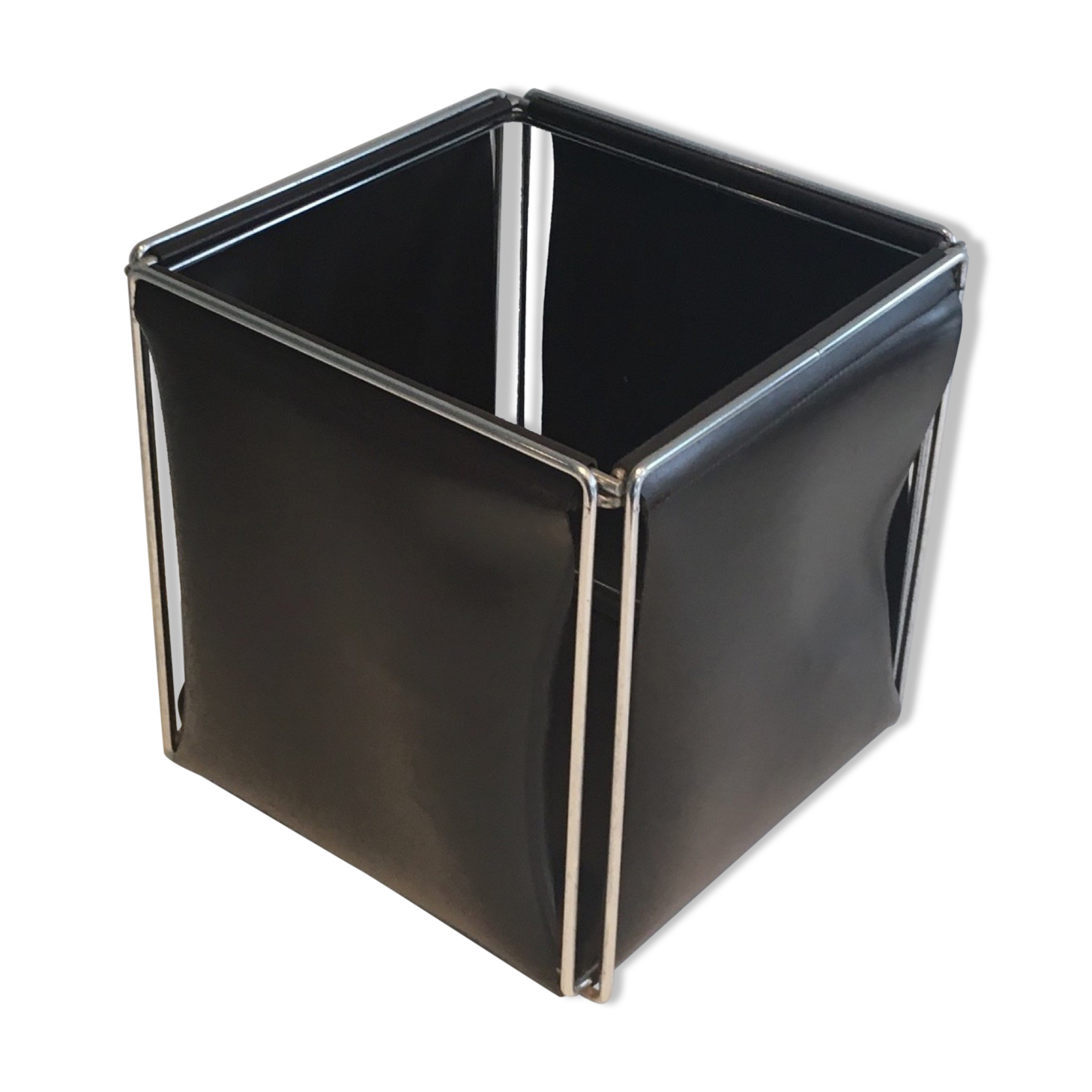 Corbeille à papiers en chrome et skaï