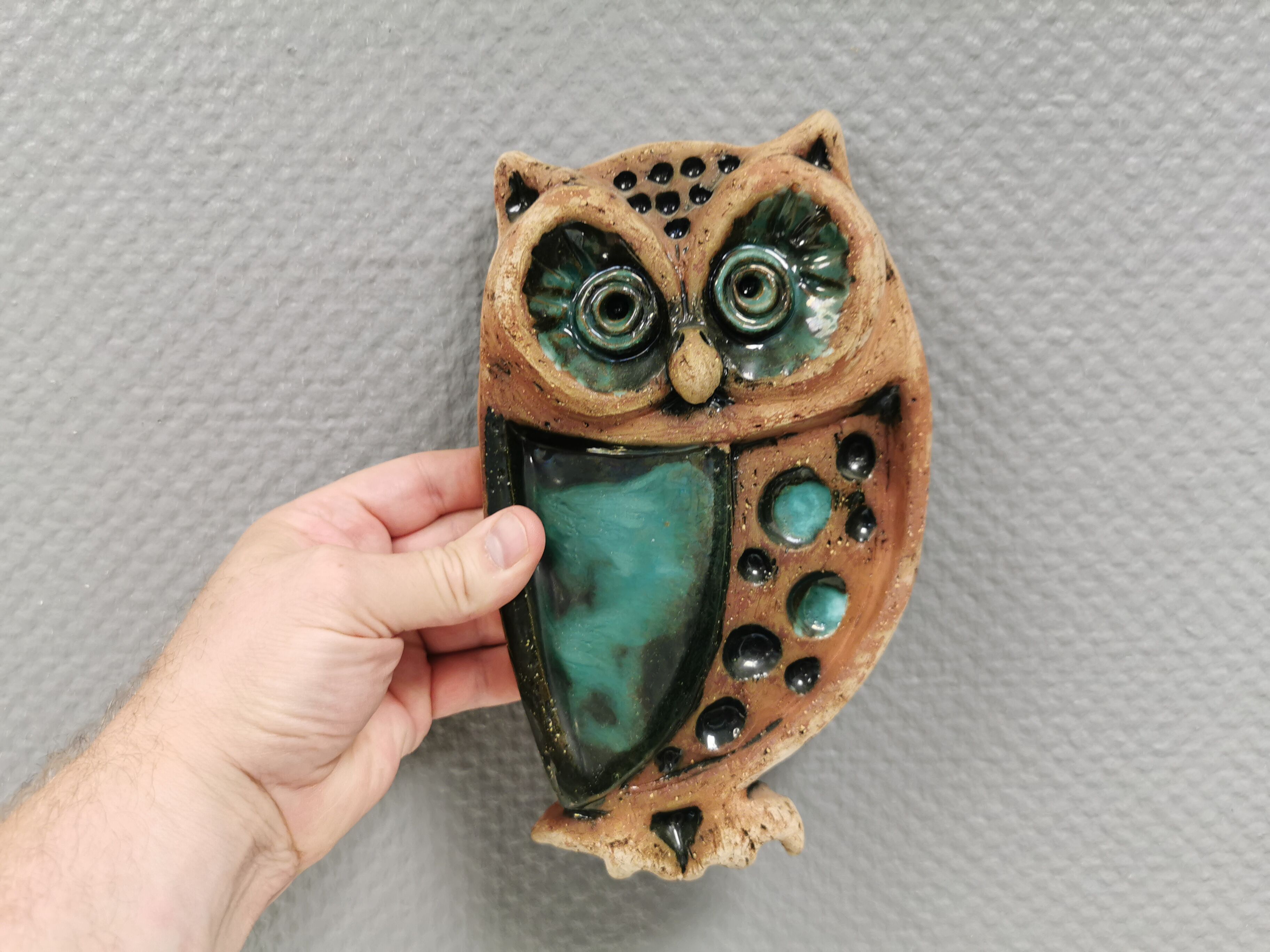 Owl, vintage ceramic wall plaque, Laholm, Sweden, 1970s