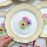6 vintage porcelain dinner plates with white and golden yellow floral pattern L'Amandinoise "Coopélia" - Vintage floral tableware