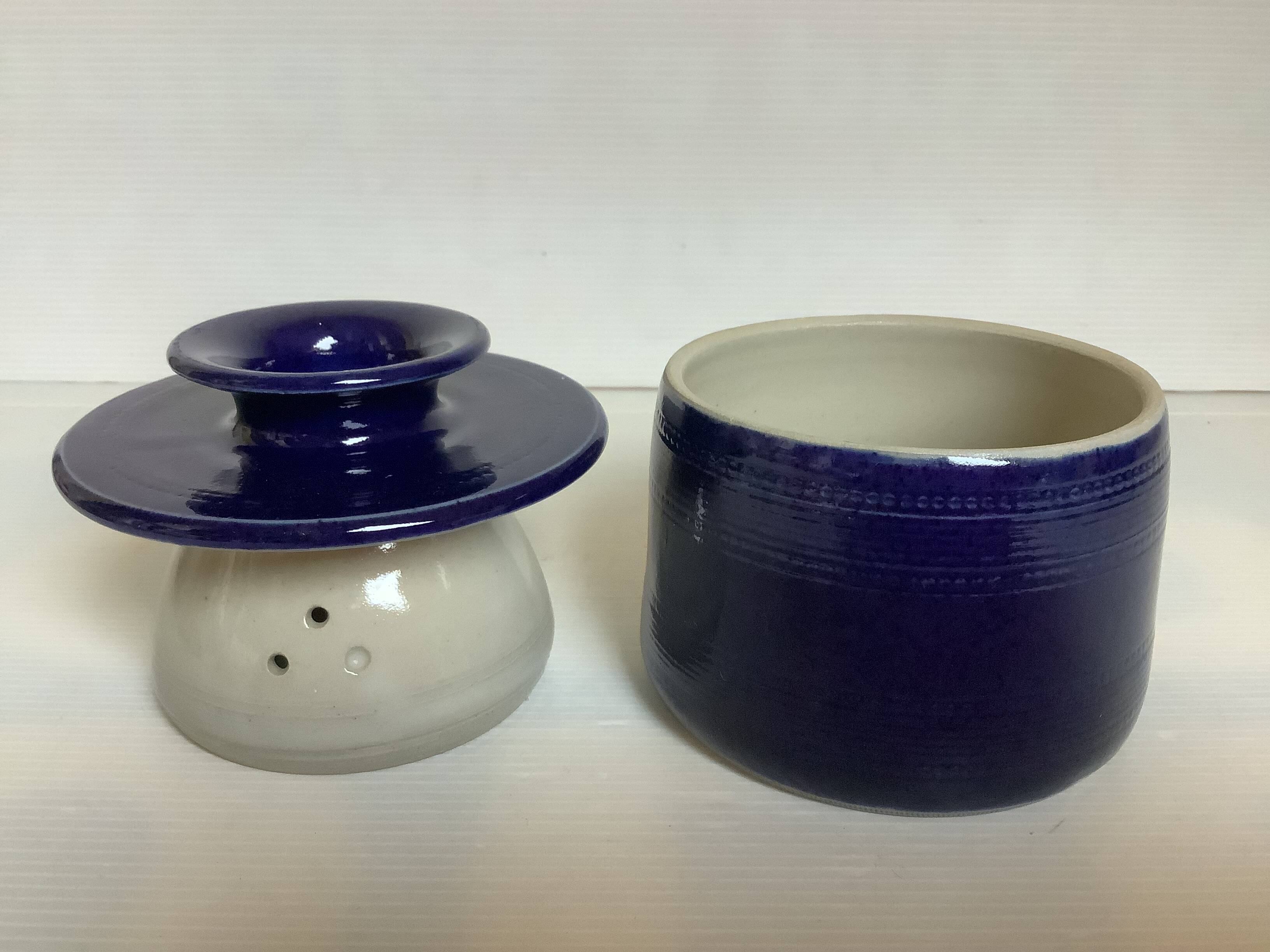 Blue stoneware water butter dish