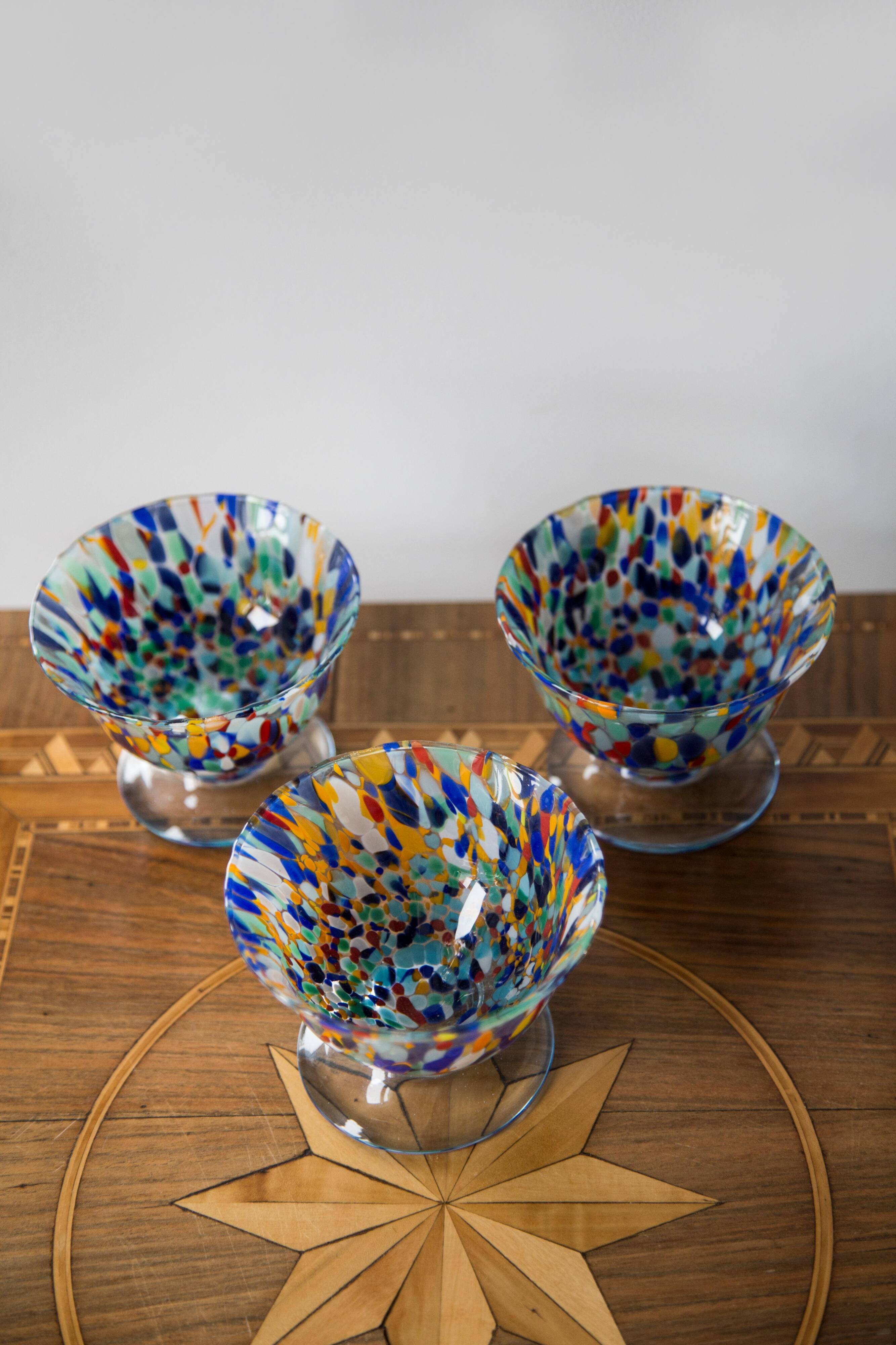 Set of three blue Murano glasses, ice cream bowls, Italy, Europe, 2000s