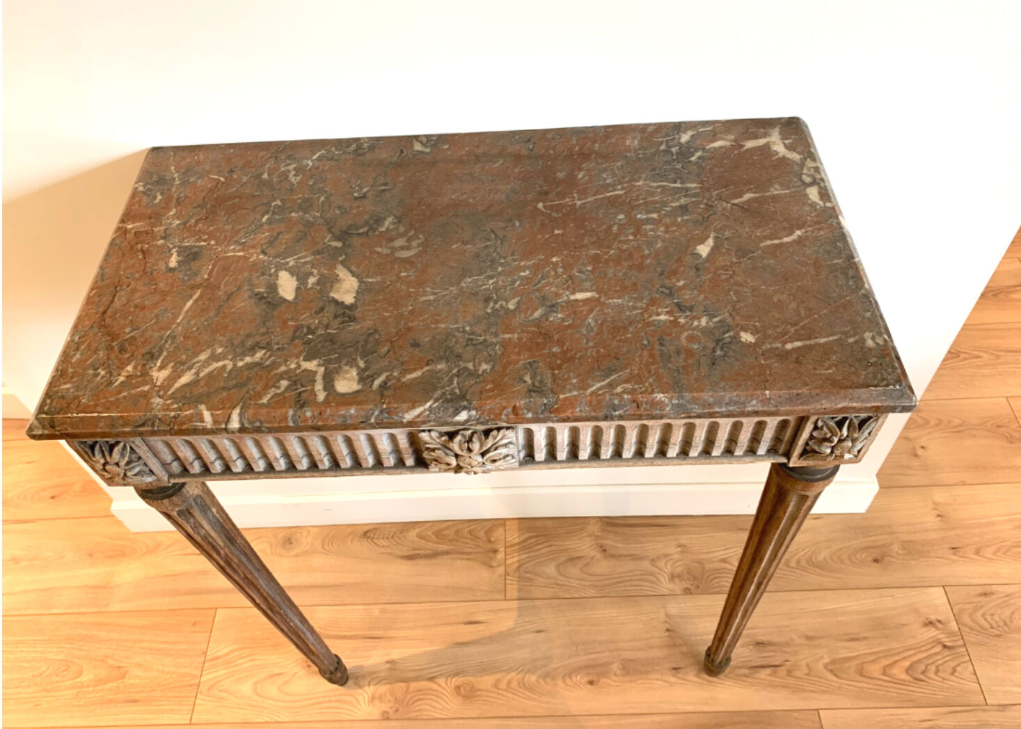 Beautiful Louis XVI style console in natural wood .marble top