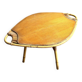 Table basse en rotin et bois, années 1960