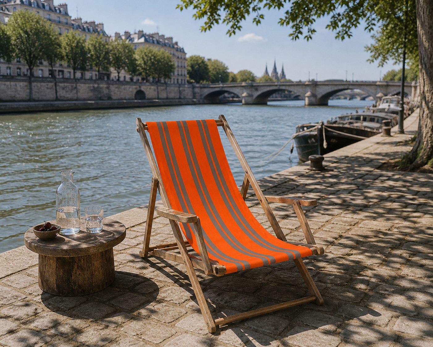 Vintage deck chair with orange and grey striped fabric, original patina.