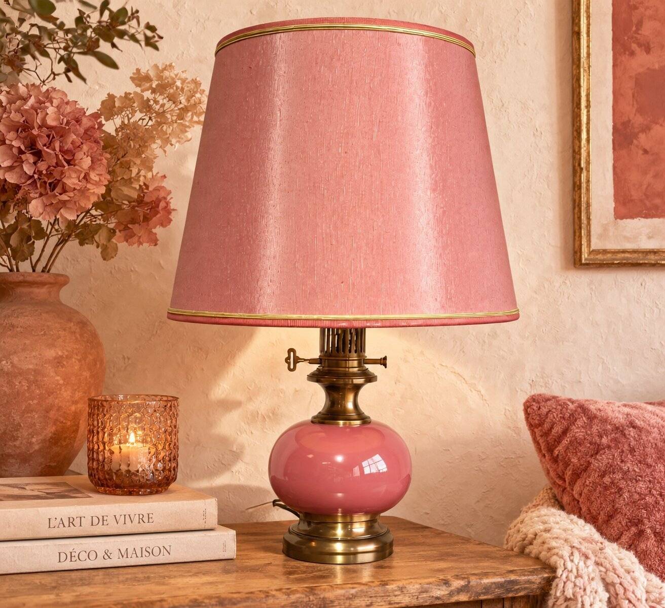 Neo-Victorian table lamp with pink opaline glass and brass – Vintage 1970s