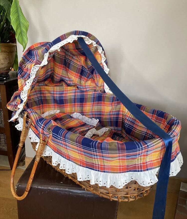 1970s wicker rattan portable bassinet cradle complete with bedding