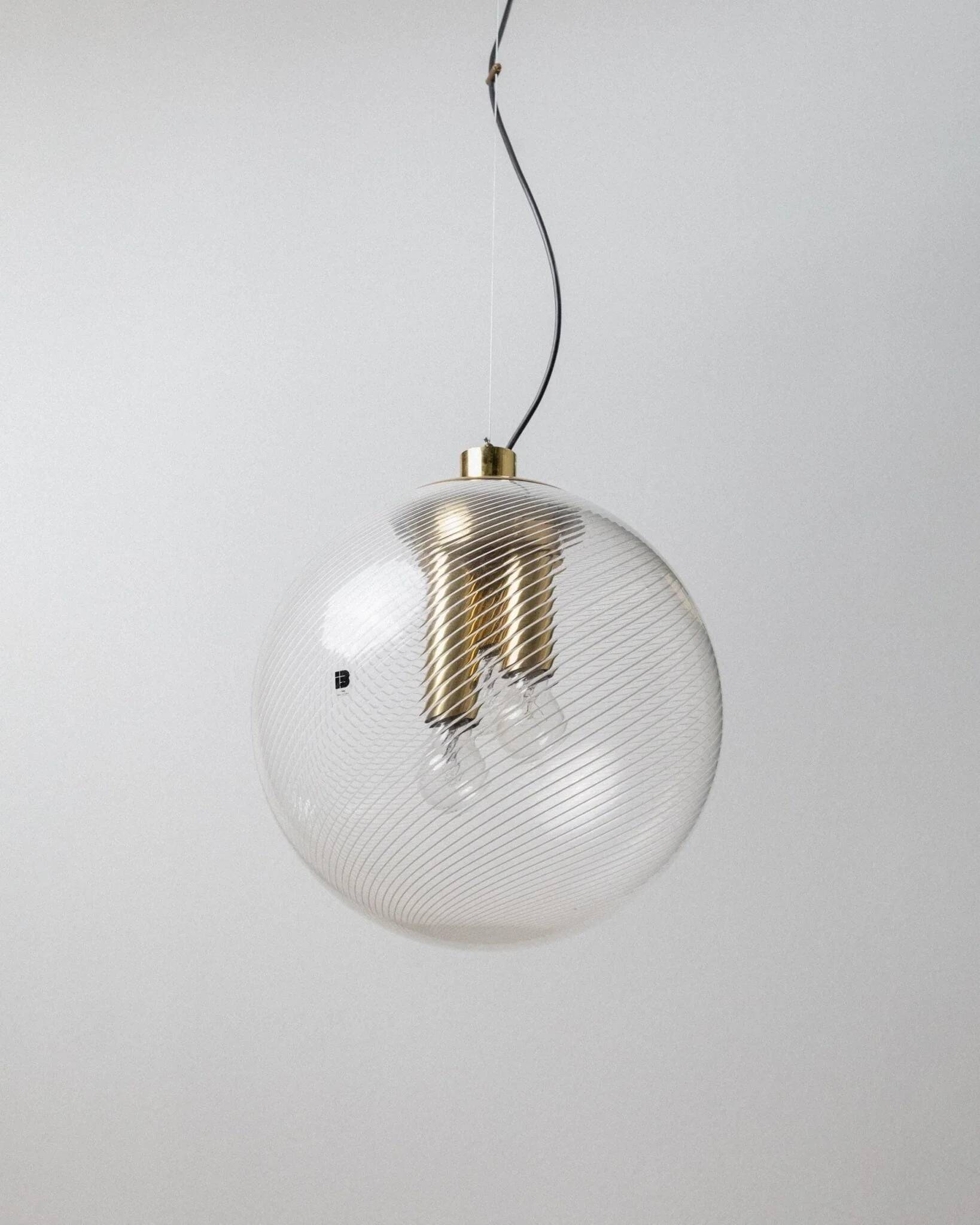 XXL Transparent Murano Glass Globe Lamp with Gold Metal Hardware, 3-Bulb Italian 1960s Vintage Pendant