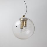 XXL Transparent Murano Glass Globe Lamp with Gold Metal Hardware, 3-Bulb Italian 1960s Vintage Pendant