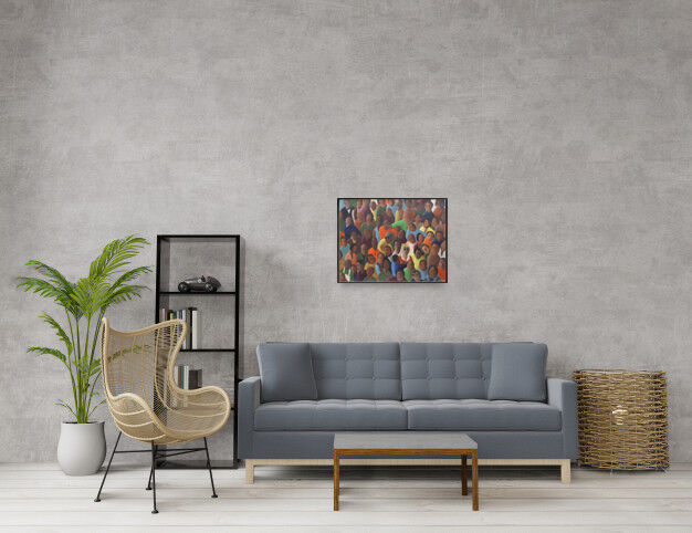 Huile sur toile, style cubain - foule personnages - 65 x 50 cm