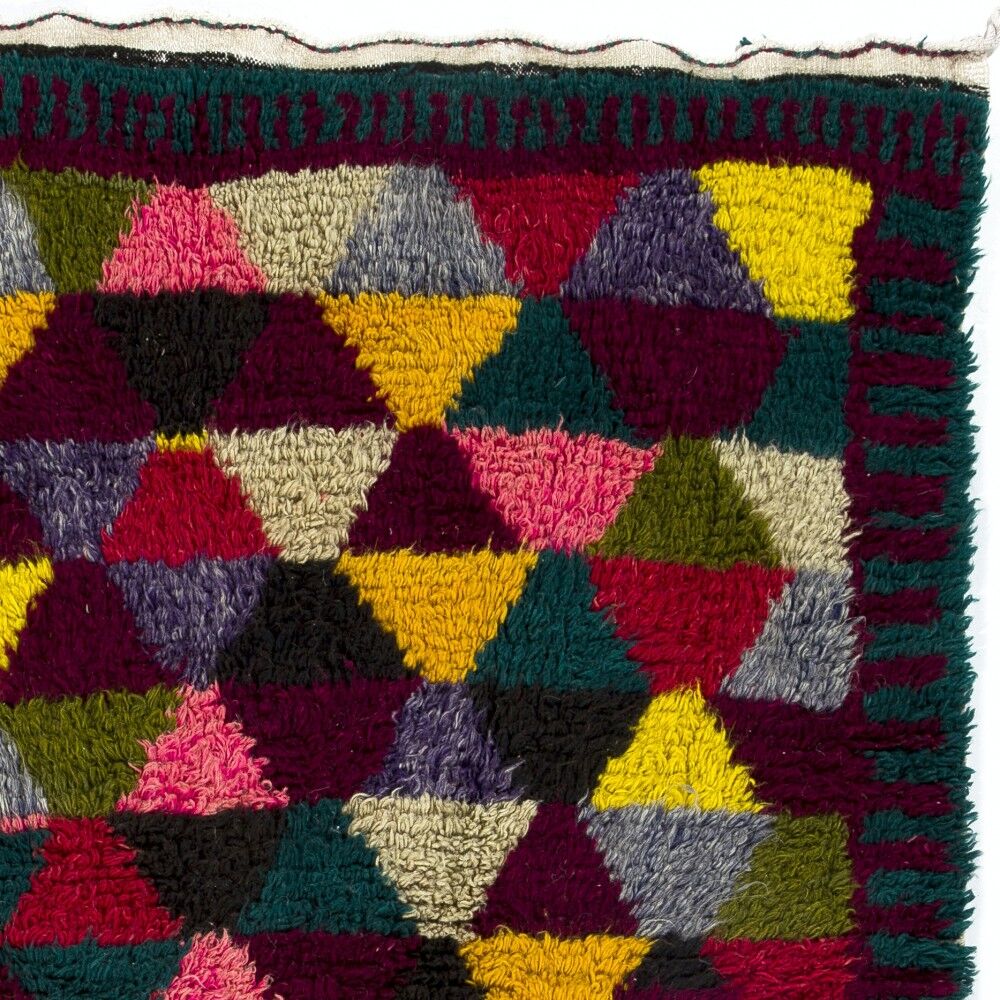 Colorful Vintage Hand-Knotted Turkish Tulu Rug with Geometric Triangle Design, 100% Wool