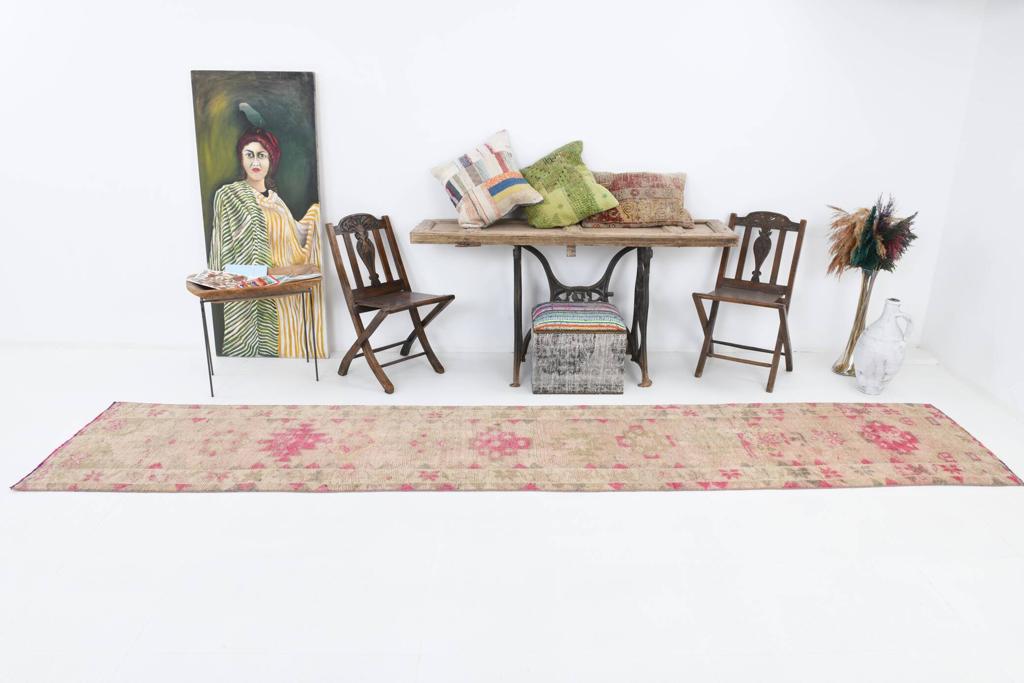 3x13 Rug For Kitchen Pink Beige Herki Vintage Runner Rug, 79x402Cm SK 4146