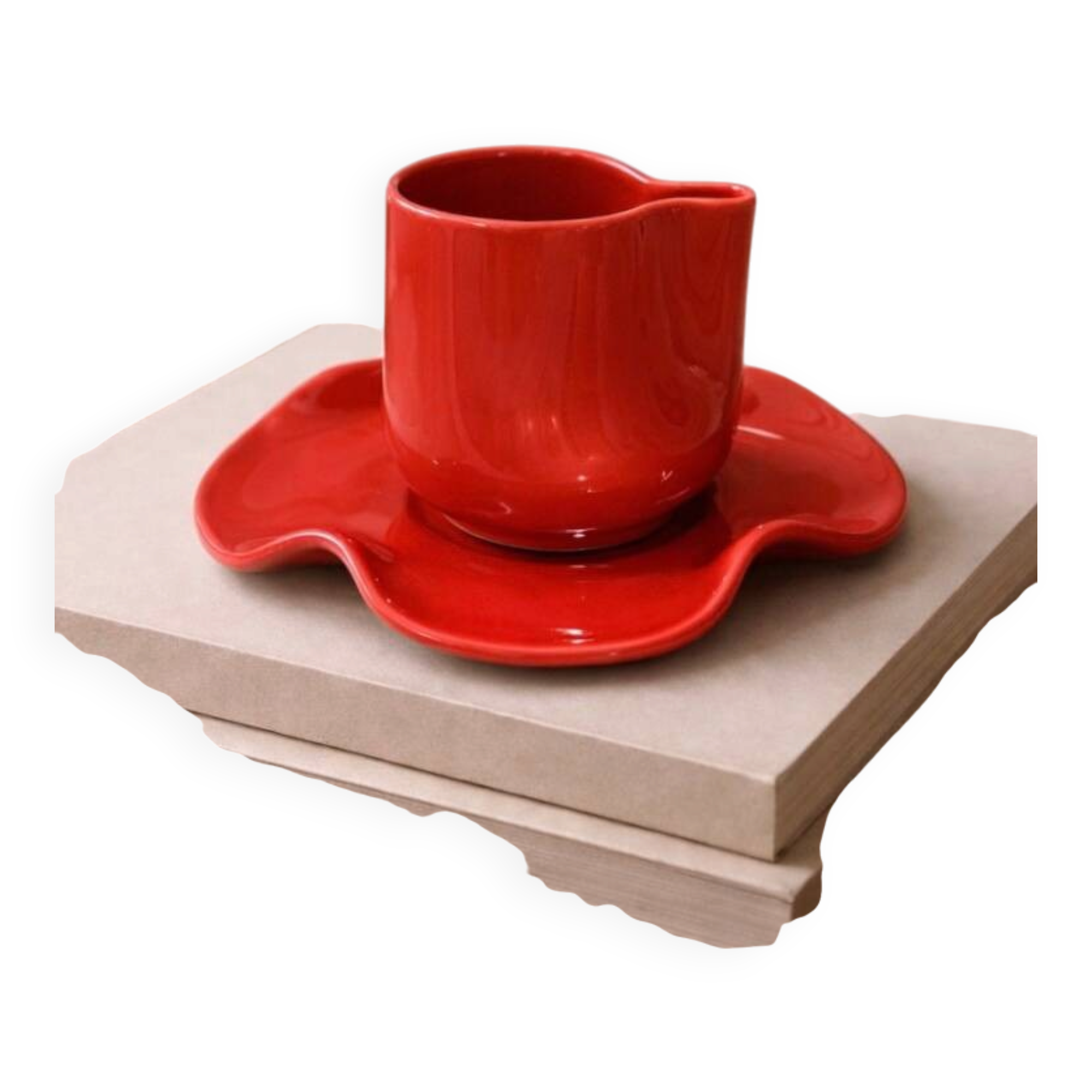 Set of wavy ceramic cup and saucer - poppy red