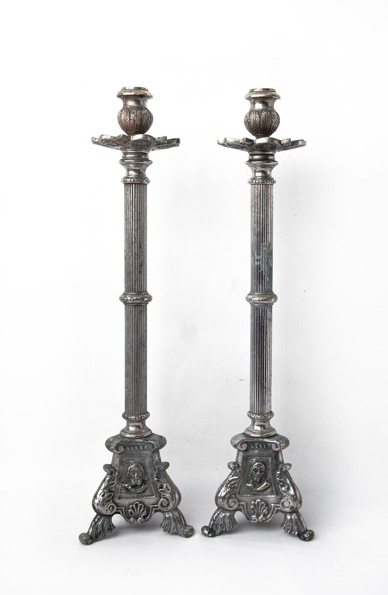 Pair of candle holders, vintage candle holder, silver brass candle holder, church, candle holder, tripod, chandelier