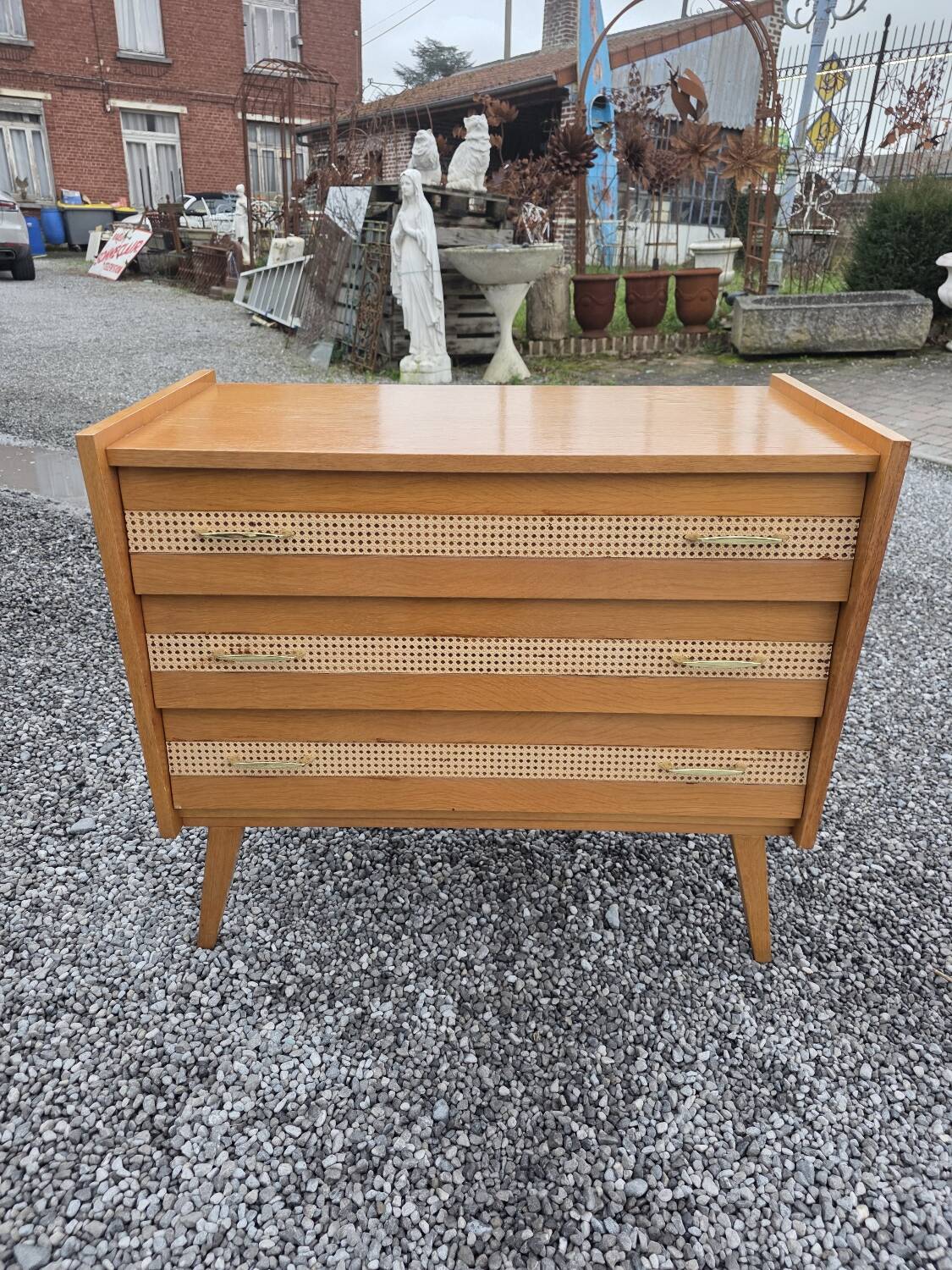 Commode vintage en chêne et cannage des années 60