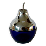 Pear butter dish in silver metal and blue glass from the 70s