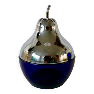 Pear butter dish in silver metal and blue glass from the 70s