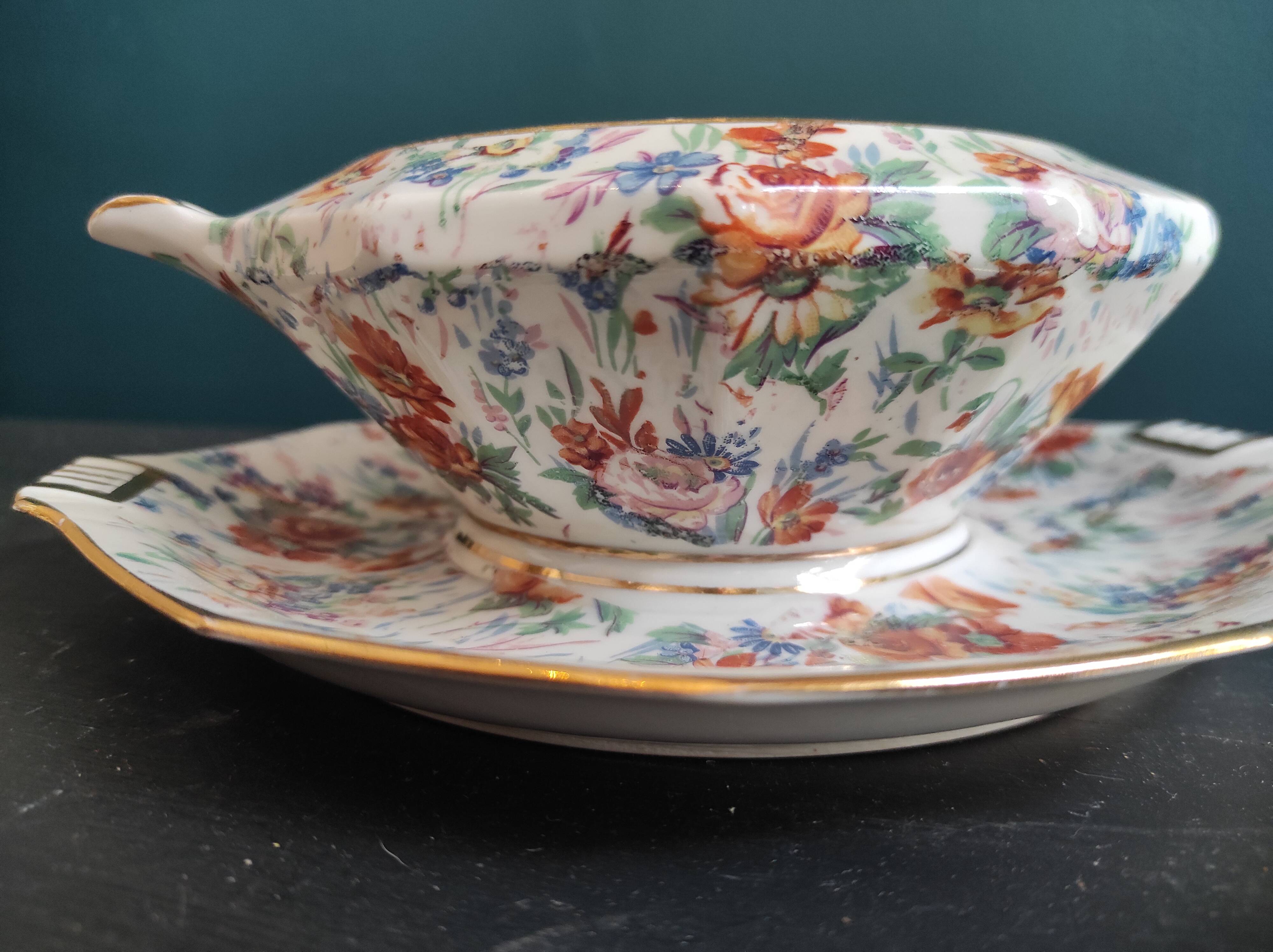 Vintage French serving sauce boat from La Tallec, Limoges, with colourful floral decoration