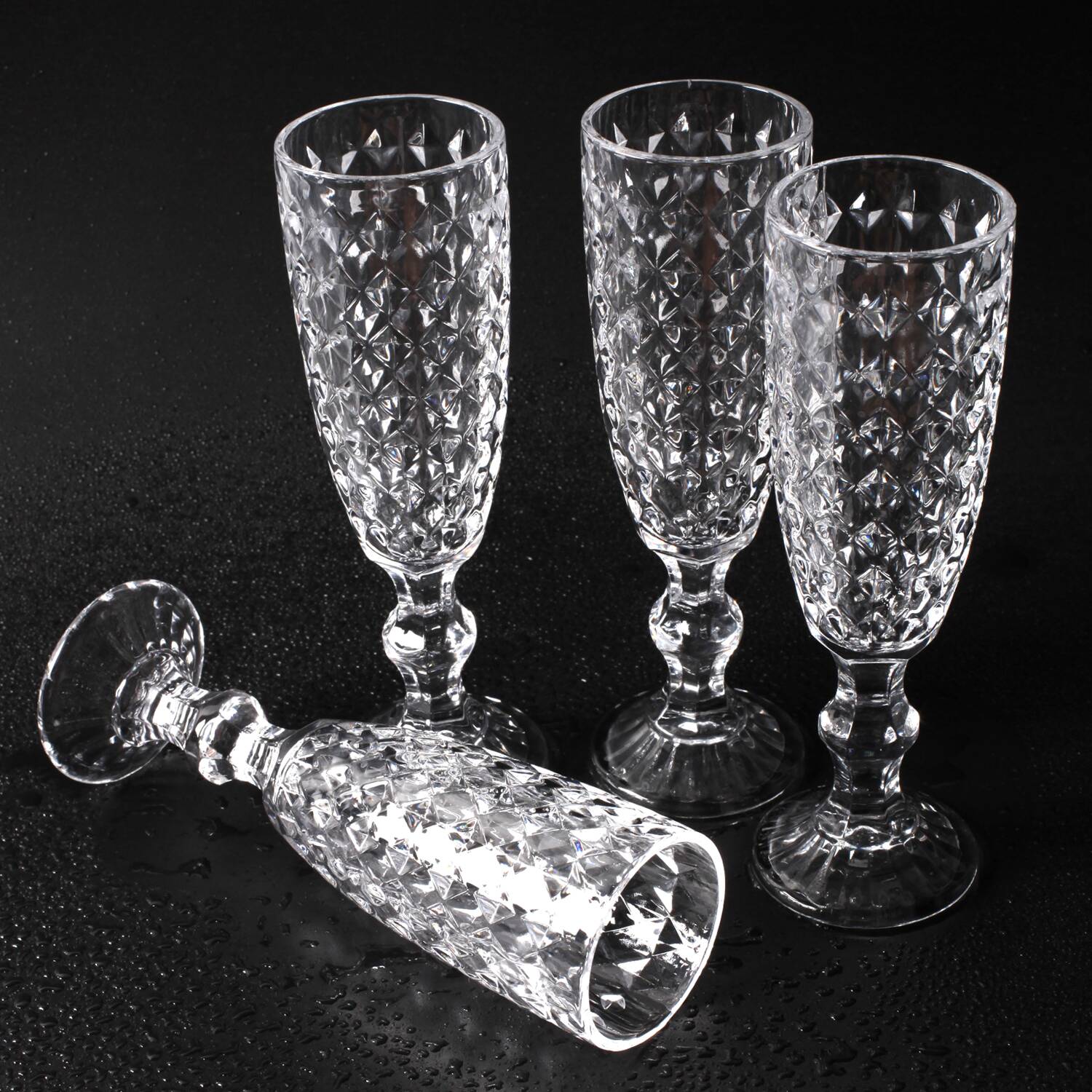 Set of 4 Vintage Pressed Glass Champagne Flutes, Clear Italian Stemware