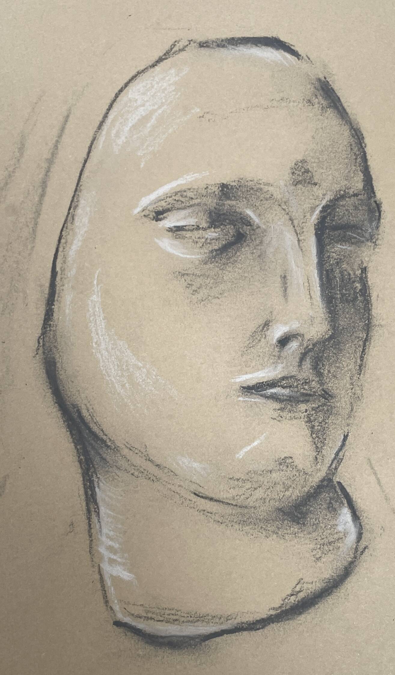 Signed drawing, charcoal study of a woman's face for workshop plaster.