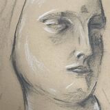 Signed drawing, charcoal study of a woman's face for workshop plaster.