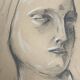 Signed drawing, charcoal study of a woman's face for workshop plaster.