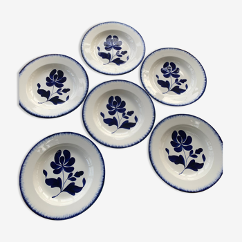 6 assiettes creuses modèle thebes salins terre de fer charbonnier décor fleurs bleues cobalt ancienn