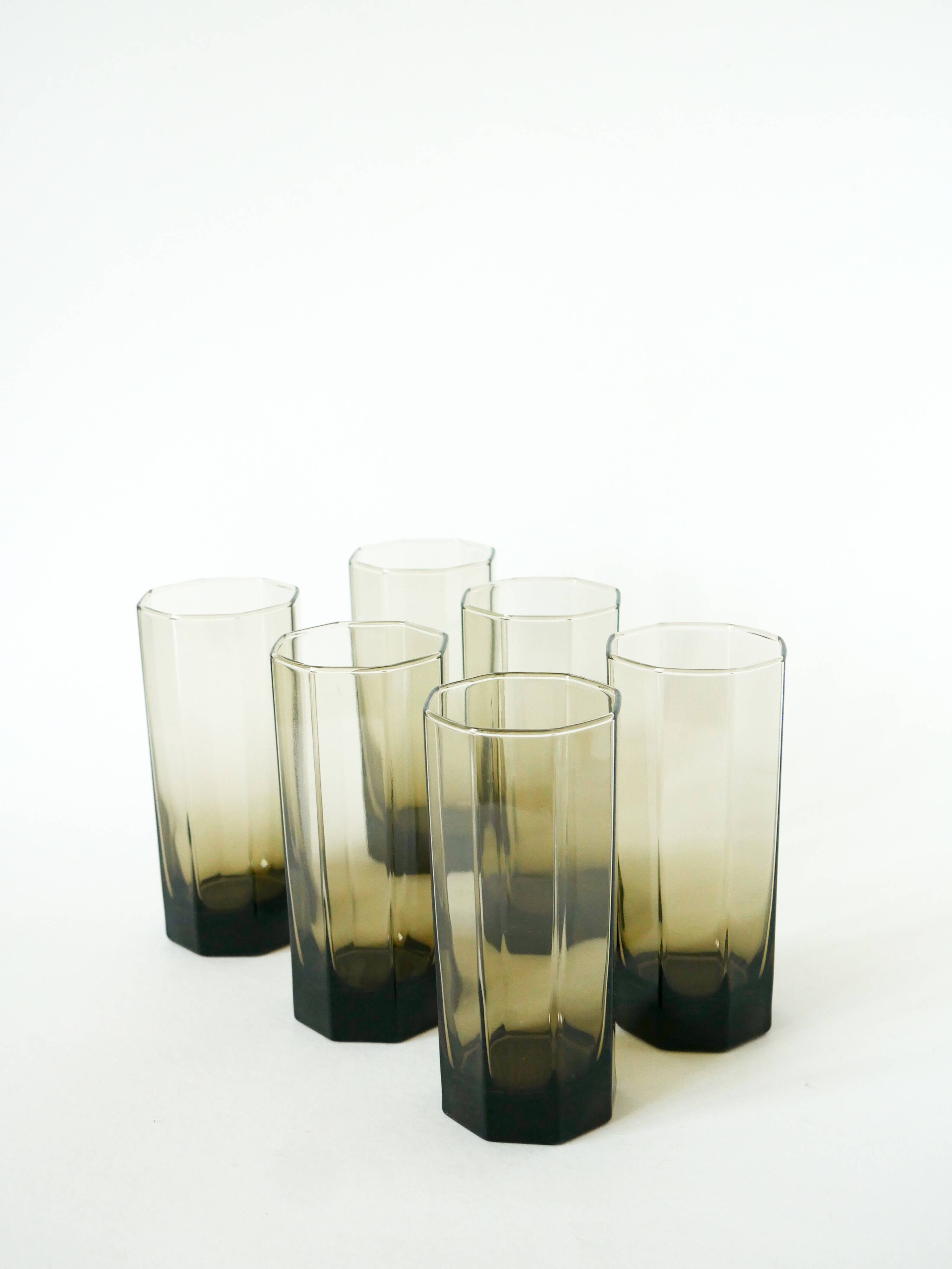Set of 6 octagonal Long Drink glasses, smoked glass, design, 1970 - 15