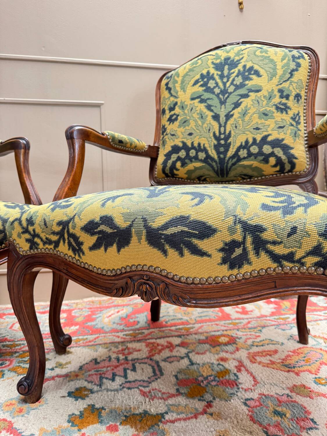 Pair of Louis XV Style Walnut Armchairs, 19th Century