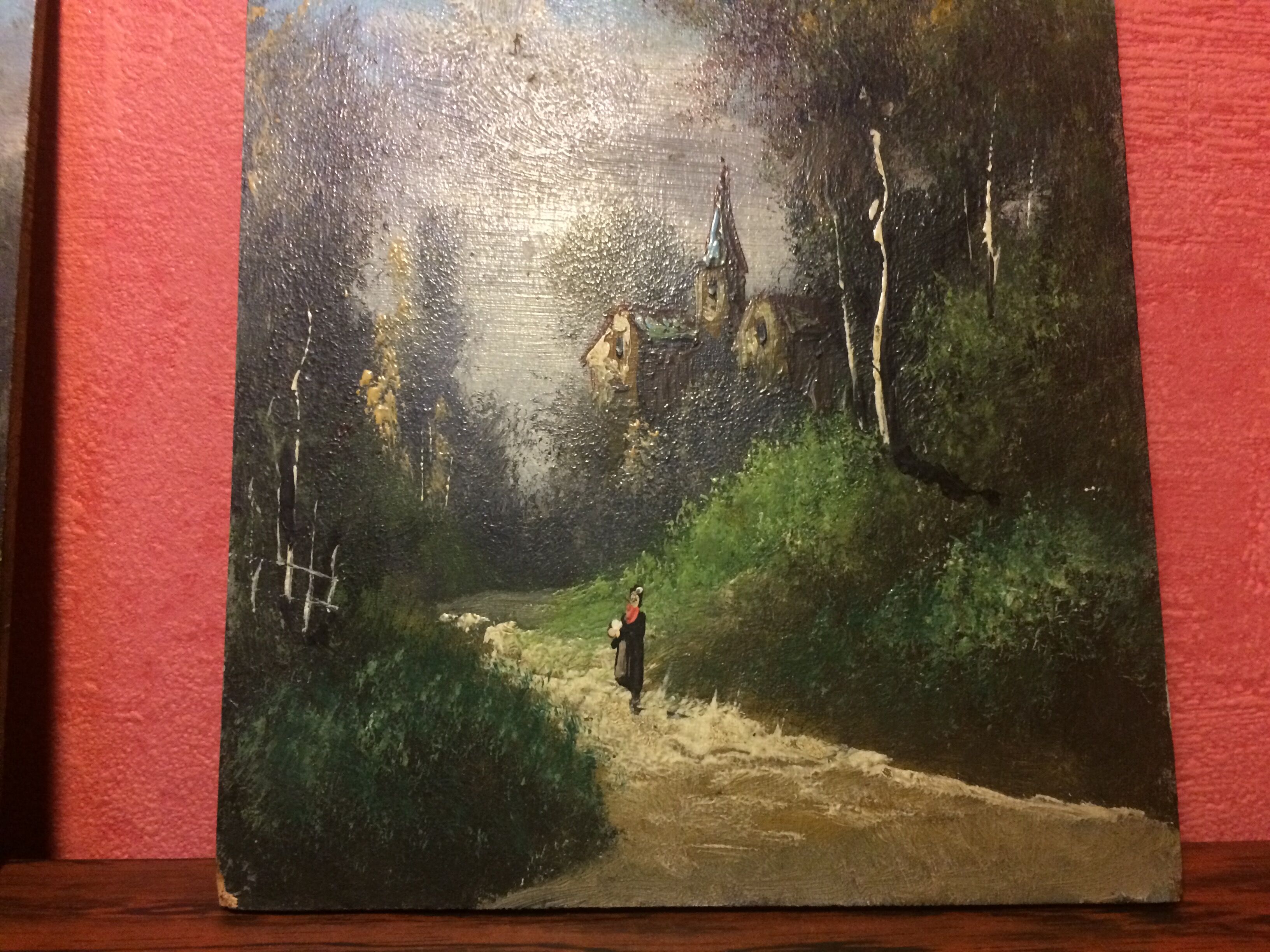 Pair Old Oil Table on Panel View River 19th Vintage Campaign