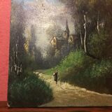 Pair Old Oil Table on Panel View River 19th Vintage Campaign