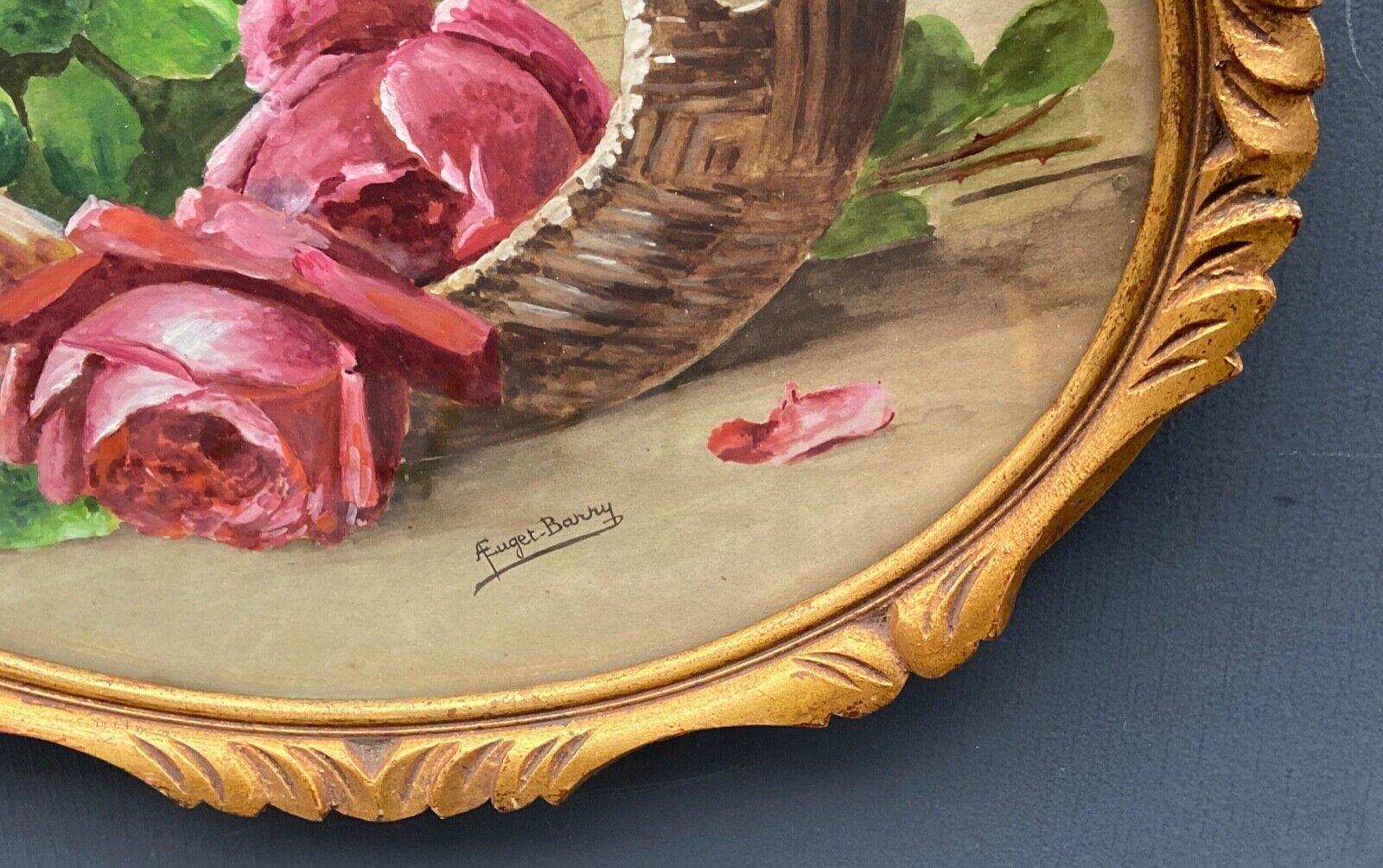 Aquarelle sur papier par A.Euget Barry bouquet de fleurs cadre dore