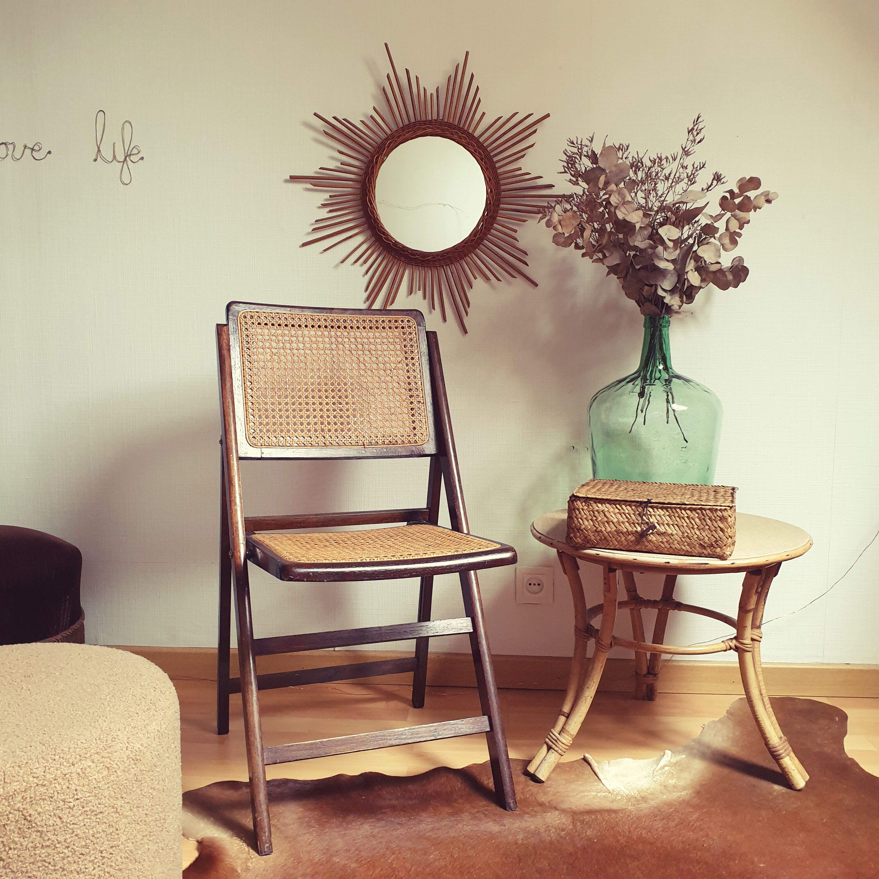 Vintage wood chair and folding cannage 60s