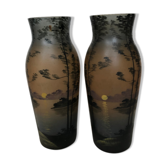 Pair of Art Nouveau glass vases decorated with lake landscapes