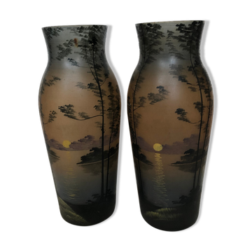 Pair of Art Nouveau glass vases decorated with lake landscapes