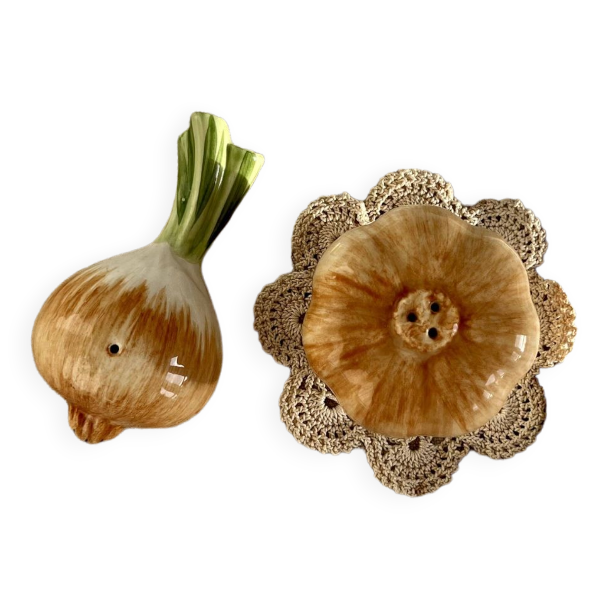 Vintage salt and pepper shaker in colorful vegetable, garlic and onion slip