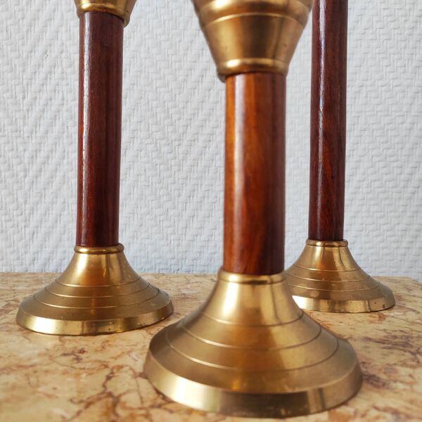 Set de trois bougeoirs vintage bois et laiton