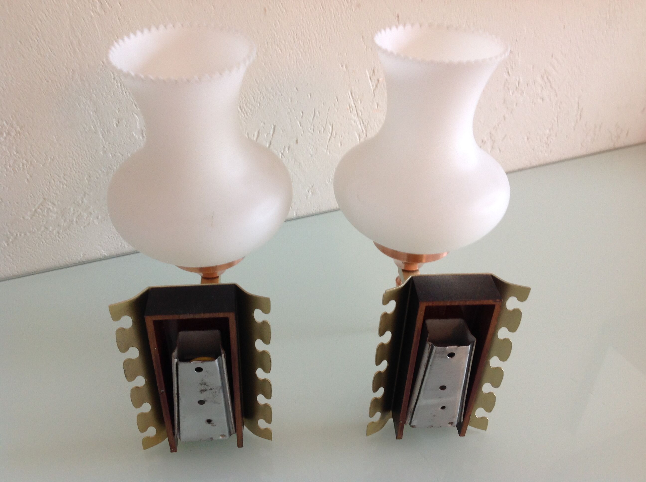 Pair of red copper and white opaline sconces 60s-70s